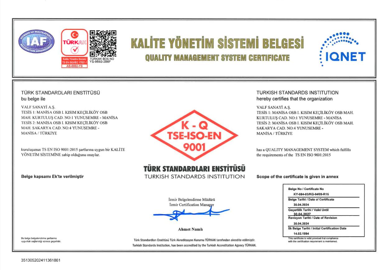 ISO 9001-2015 Kalite Yönetim Sistemi Sertifikası